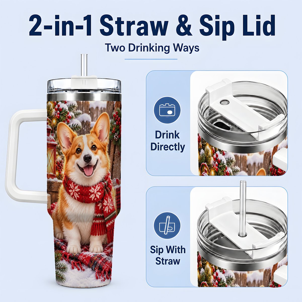#pl[40oz|White] Christmas Corgi Tumbler 40oz, Festive Lantern Artwork