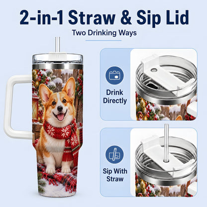 #pl[40oz|White] Christmas Corgi Tumbler 40oz, Festive Lantern Artwork