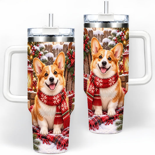 Christmas Corgi Tumbler 40oz, Festive Lantern Artwork