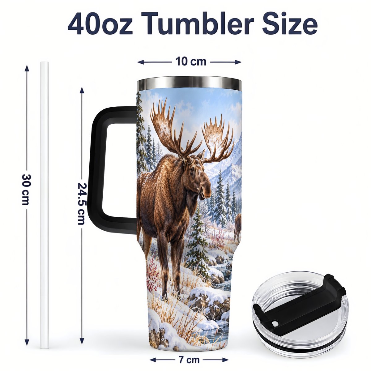 #pl[40oz|Black] Winter Moose Tumbler 40oz, Snowy Forest Scene