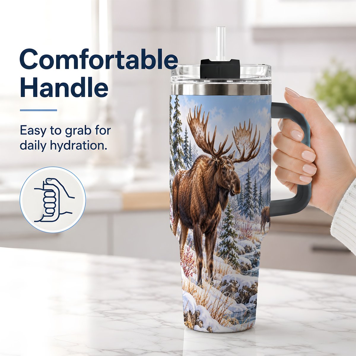 #pl[40oz|Black] Winter Moose Tumbler 40oz, Snowy Forest Scene