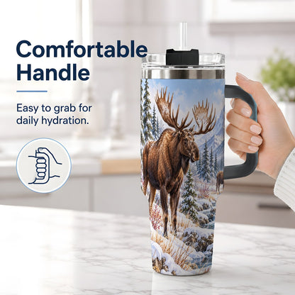 #pl[40oz|Black] Winter Moose Tumbler 40oz, Snowy Forest Scene