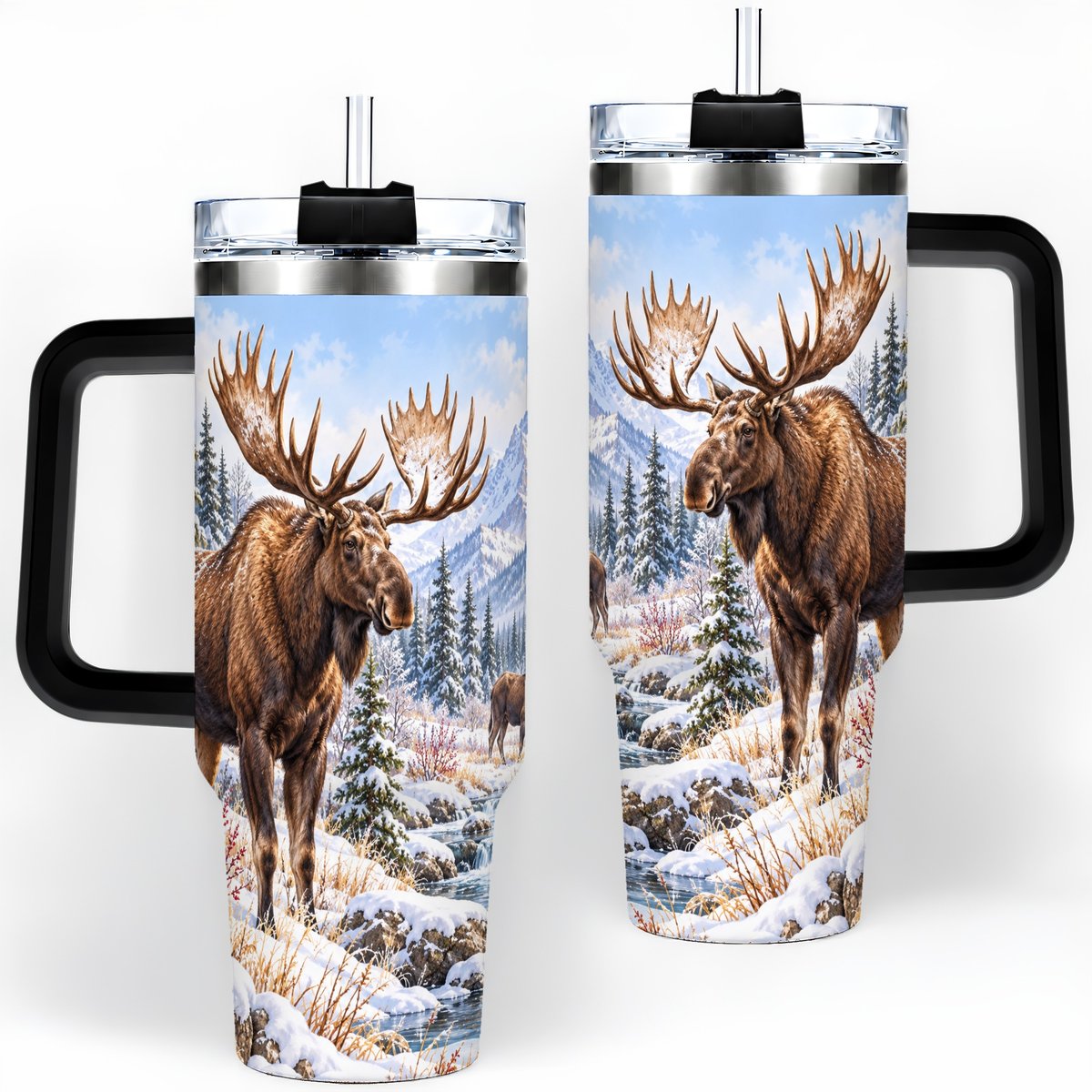 #pl[40oz|Black] Winter Moose Tumbler 40oz, Snowy Forest Scene