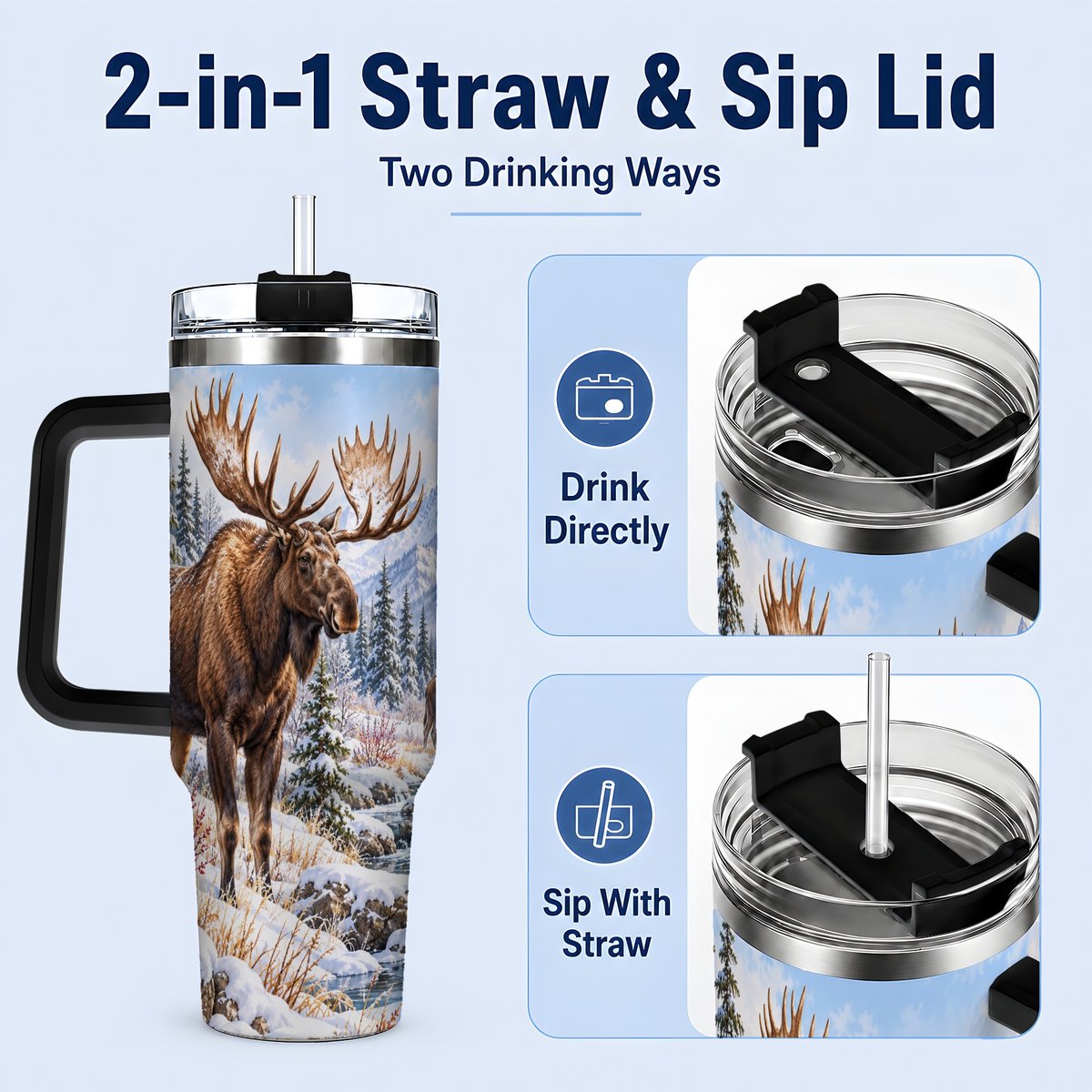 #pl[40oz|Black] Winter Moose Tumbler 40oz, Snowy Forest Scene