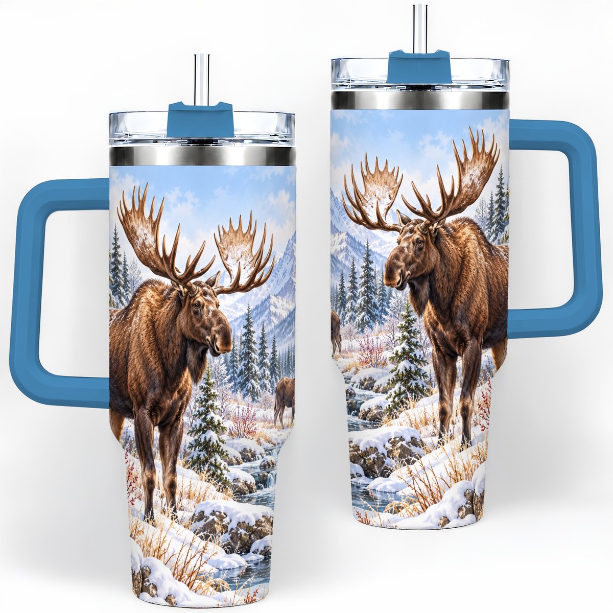 #pl[40oz|Blue] Winter Moose Tumbler 40oz, Snowy Forest Scene