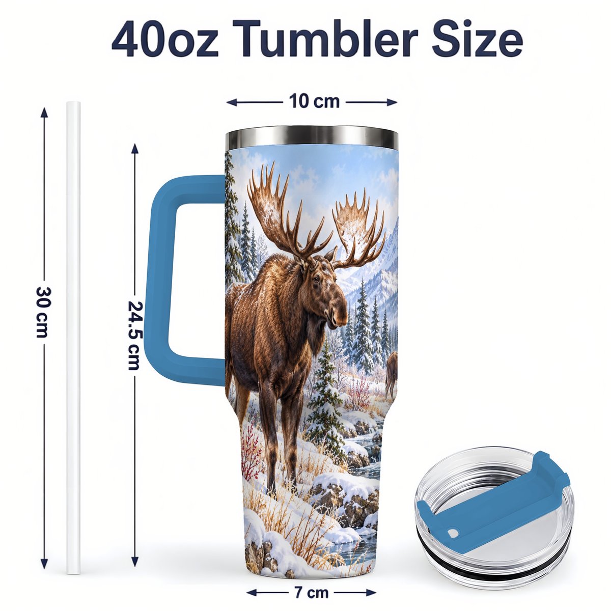 #pl[40oz|Blue] Winter Moose Tumbler 40oz, Snowy Forest Scene