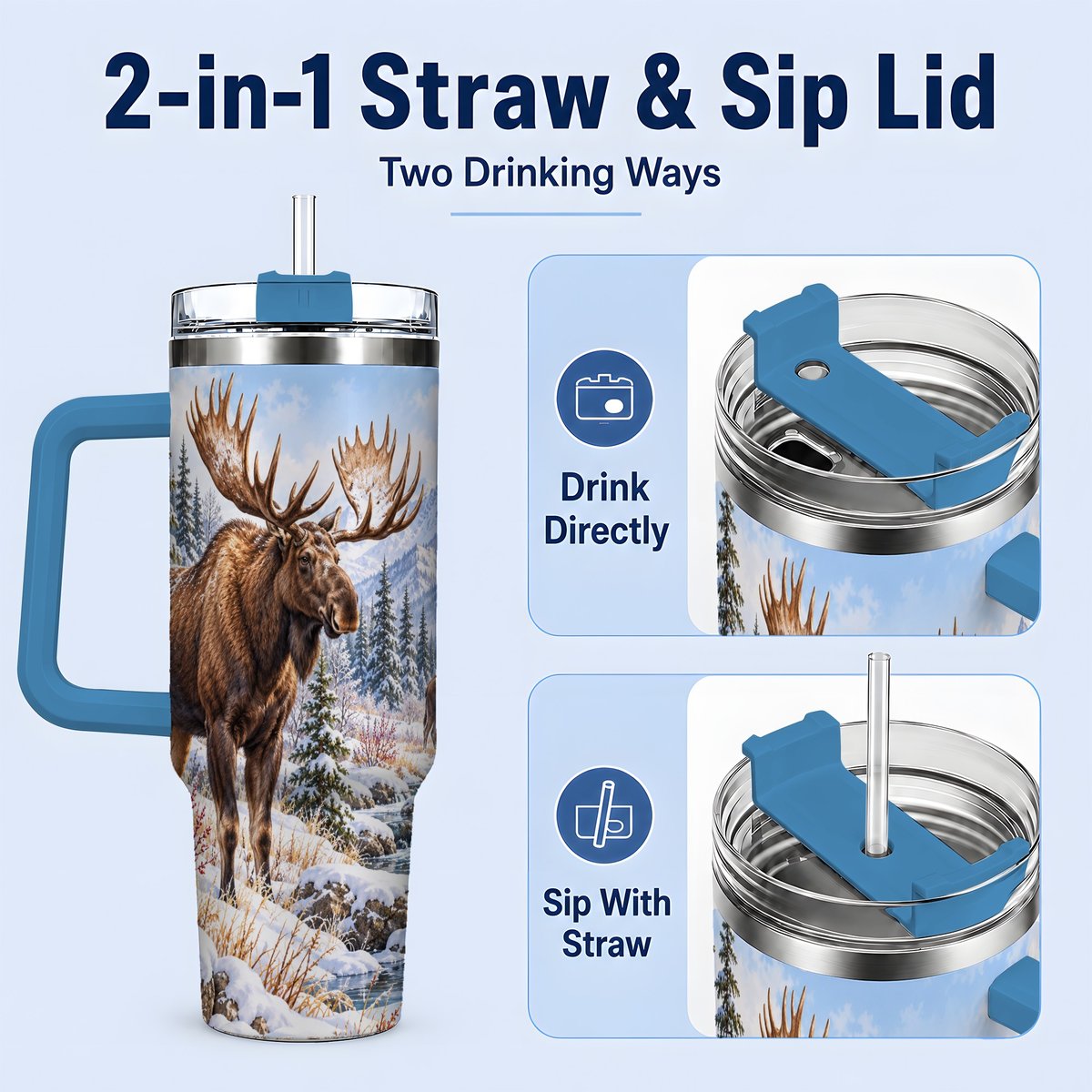 #pl[40oz|Blue] Winter Moose Tumbler 40oz, Snowy Forest Scene
