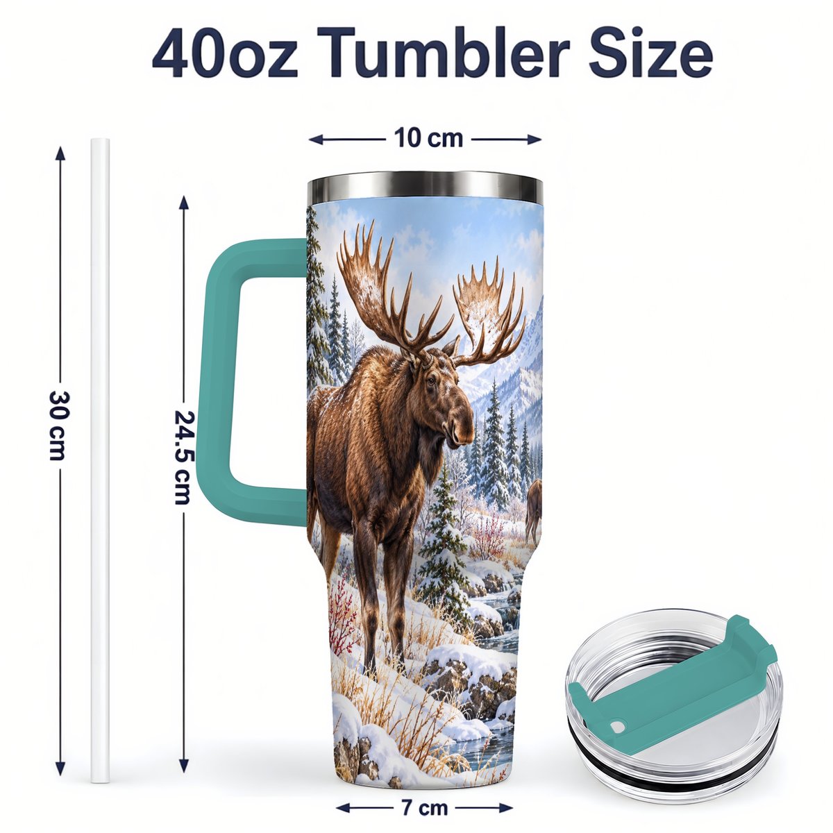 #pl[40oz|Green] Winter Moose Tumbler 40oz, Snowy Forest Scene