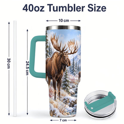#pl[40oz|Green] Winter Moose Tumbler 40oz, Snowy Forest Scene