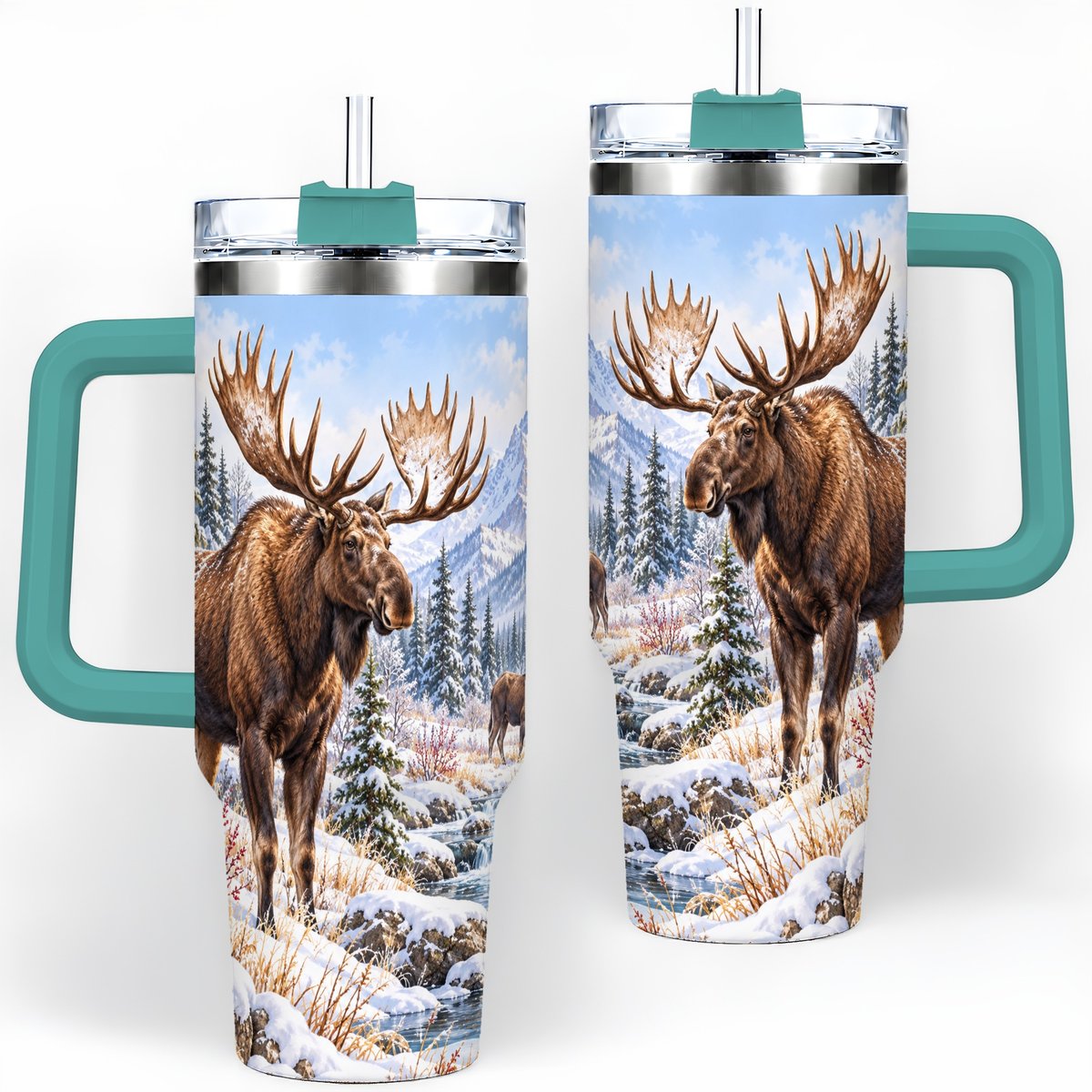 #pl[40oz|Green] Winter Moose Tumbler 40oz, Snowy Forest Scene