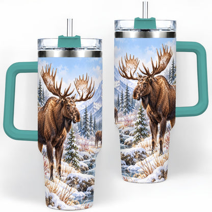 #pl[40oz|Green] Winter Moose Tumbler 40oz, Snowy Forest Scene