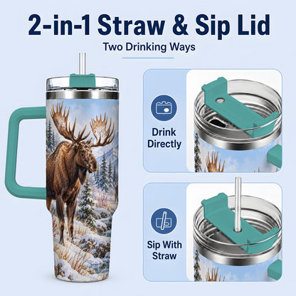 #pl[40oz|Green] Winter Moose Tumbler 40oz, Snowy Forest Scene