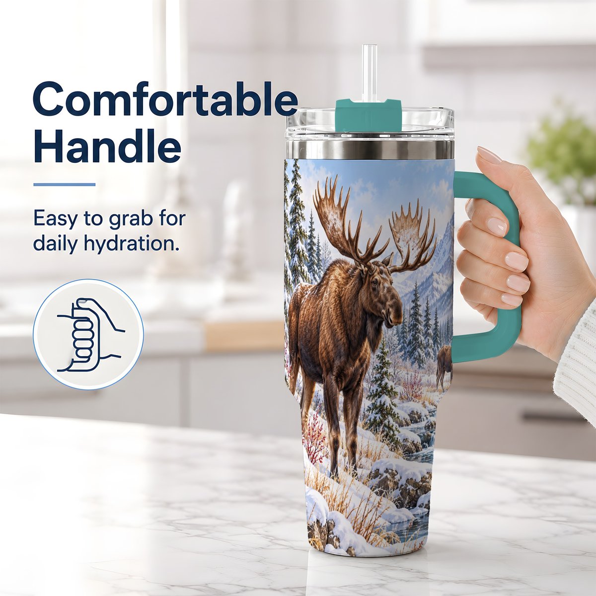 #pl[40oz|Green] Winter Moose Tumbler 40oz, Snowy Forest Scene