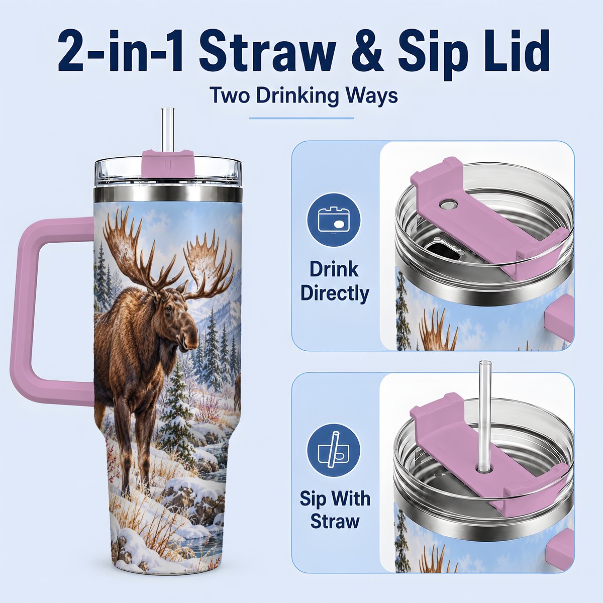 #pl[40oz|Pink] Winter Moose Tumbler 40oz, Snowy Forest Scene