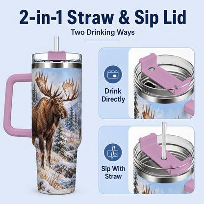 #pl[40oz|Pink] Winter Moose Tumbler 40oz, Snowy Forest Scene