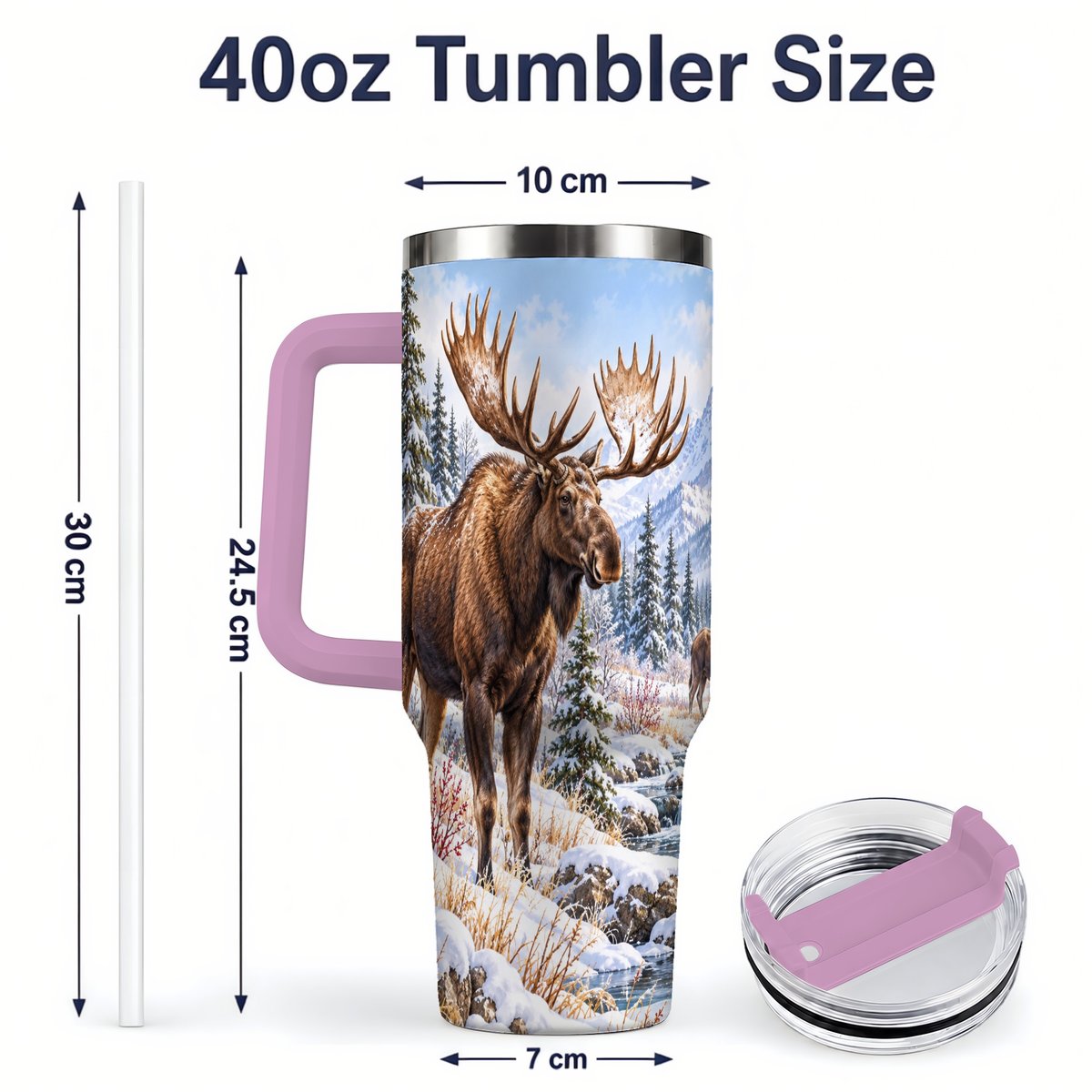 #pl[40oz|Pink] Winter Moose Tumbler 40oz, Snowy Forest Scene