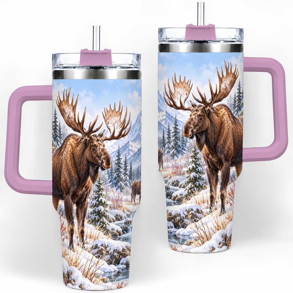 #pl[40oz|Pink] Winter Moose Tumbler 40oz, Snowy Forest Scene