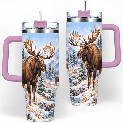 #pl[40oz|Pink] Winter Moose Tumbler 40oz, Snowy Forest Scene