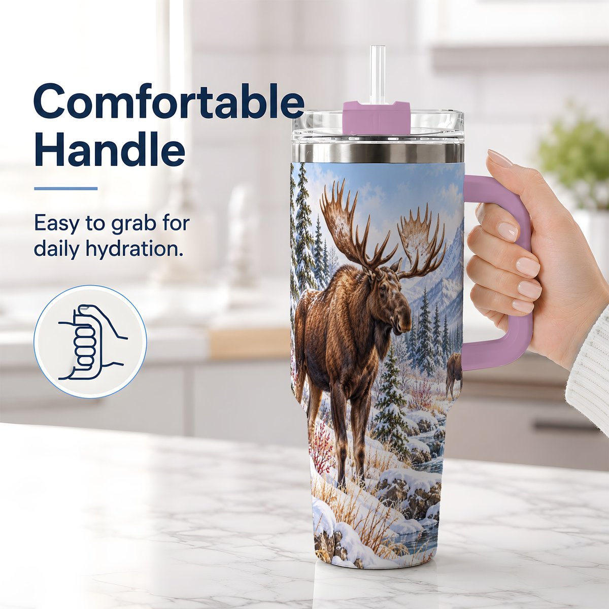 #pl[40oz|Pink] Winter Moose Tumbler 40oz, Snowy Forest Scene