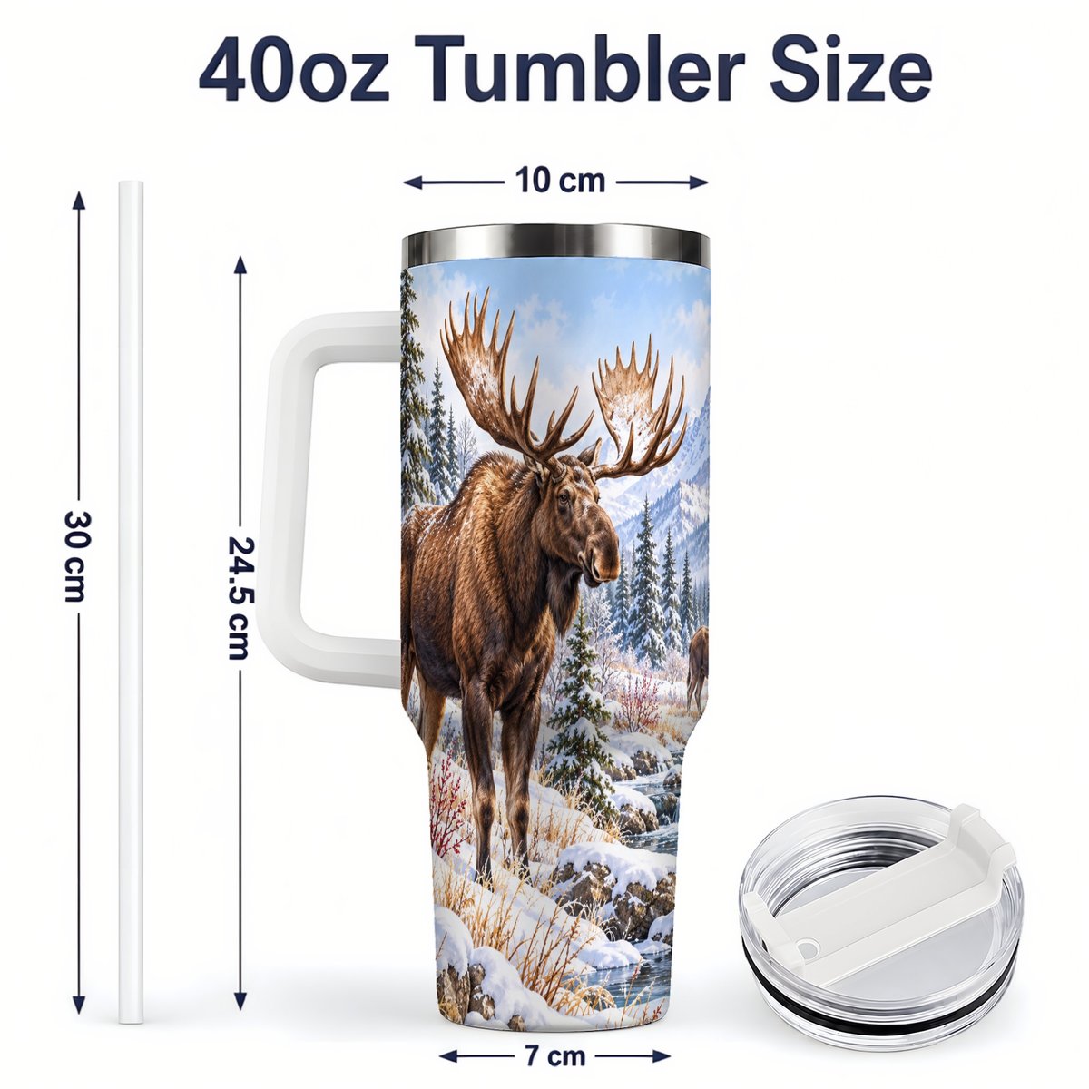 #pl[40oz|White] Winter Moose Tumbler 40oz, Snowy Forest Scene