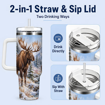 #pl[40oz|White] Winter Moose Tumbler 40oz, Snowy Forest Scene