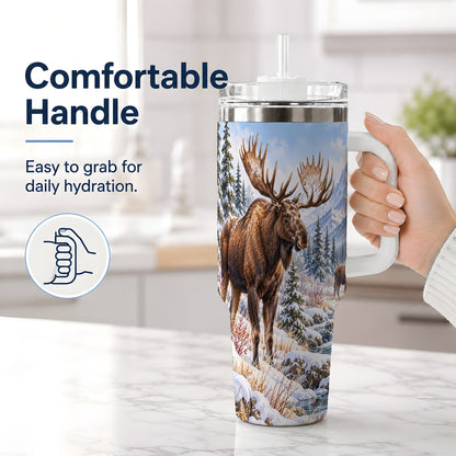 #pl[40oz|White] Winter Moose Tumbler 40oz, Snowy Forest Scene