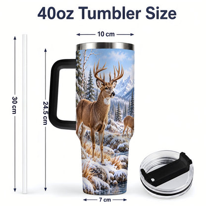 #pl[40oz|Black] Winter Deer Tumbler 40oz, Alpine Forest Wildlife Scene