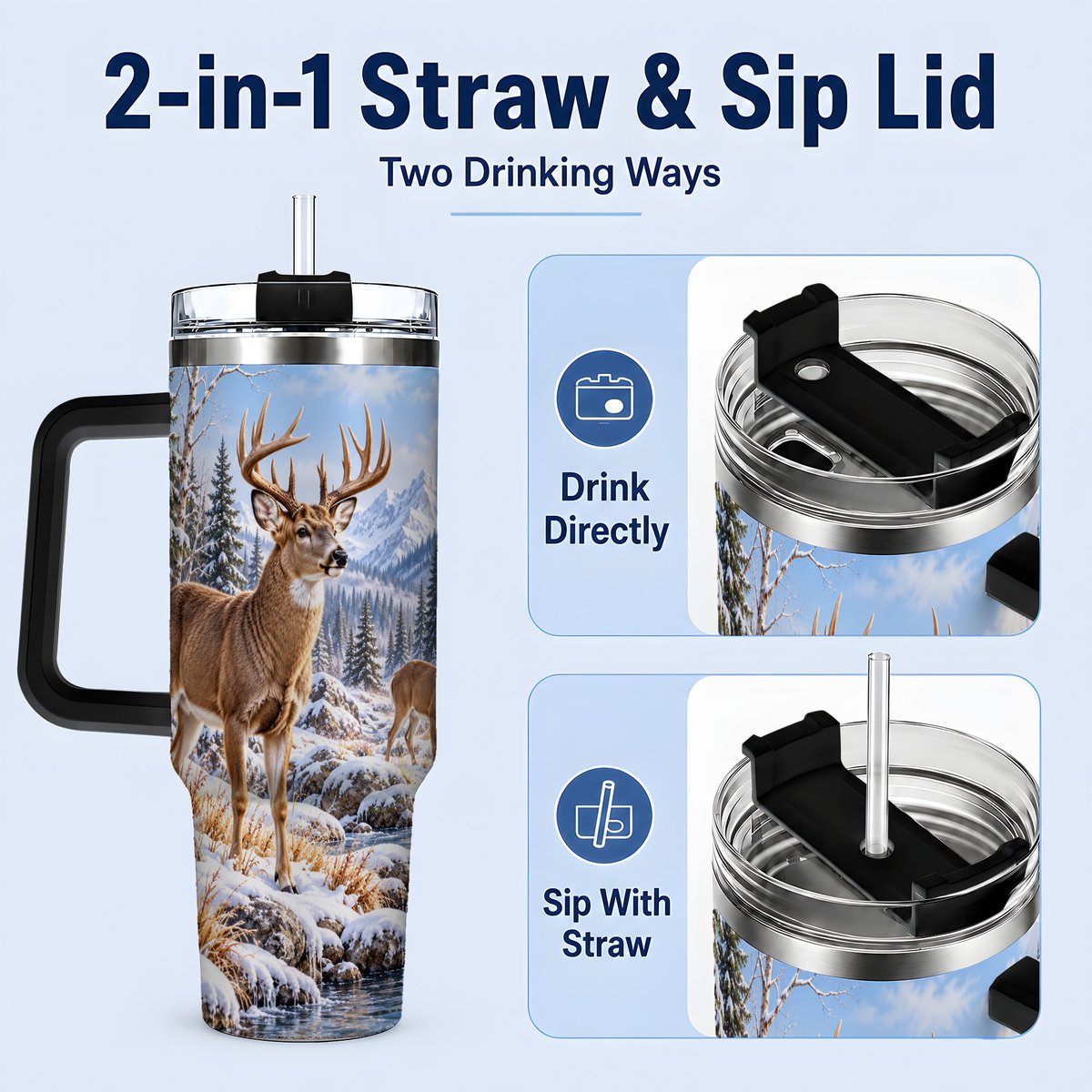 #pl[40oz|Black] Winter Deer Tumbler 40oz, Alpine Forest Wildlife Scene