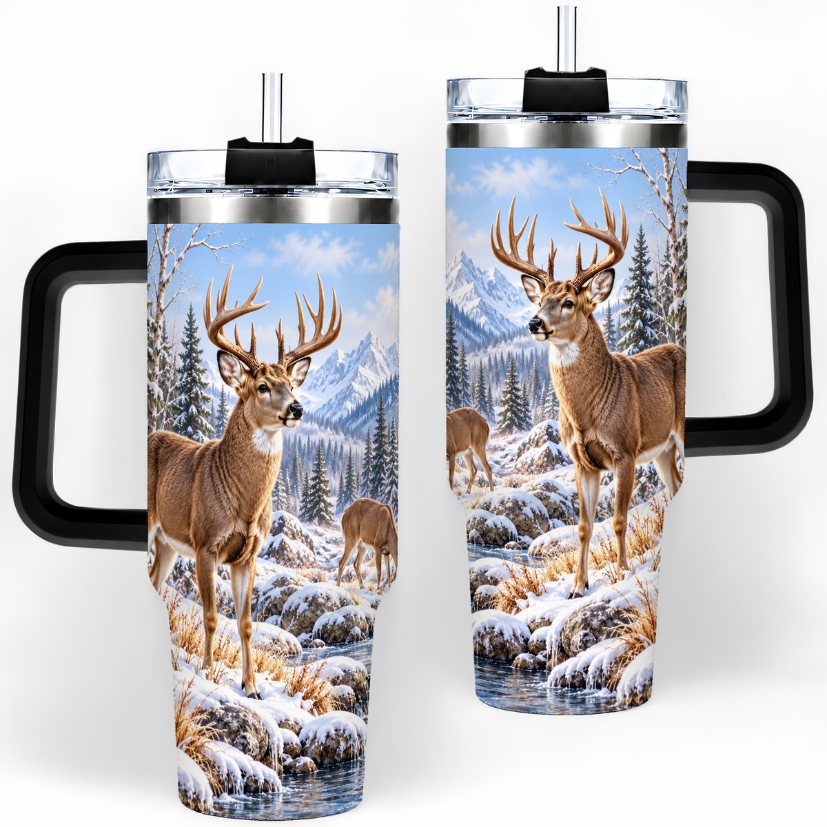 #pl[40oz|Black] Winter Deer Tumbler 40oz, Alpine Forest Wildlife Scene