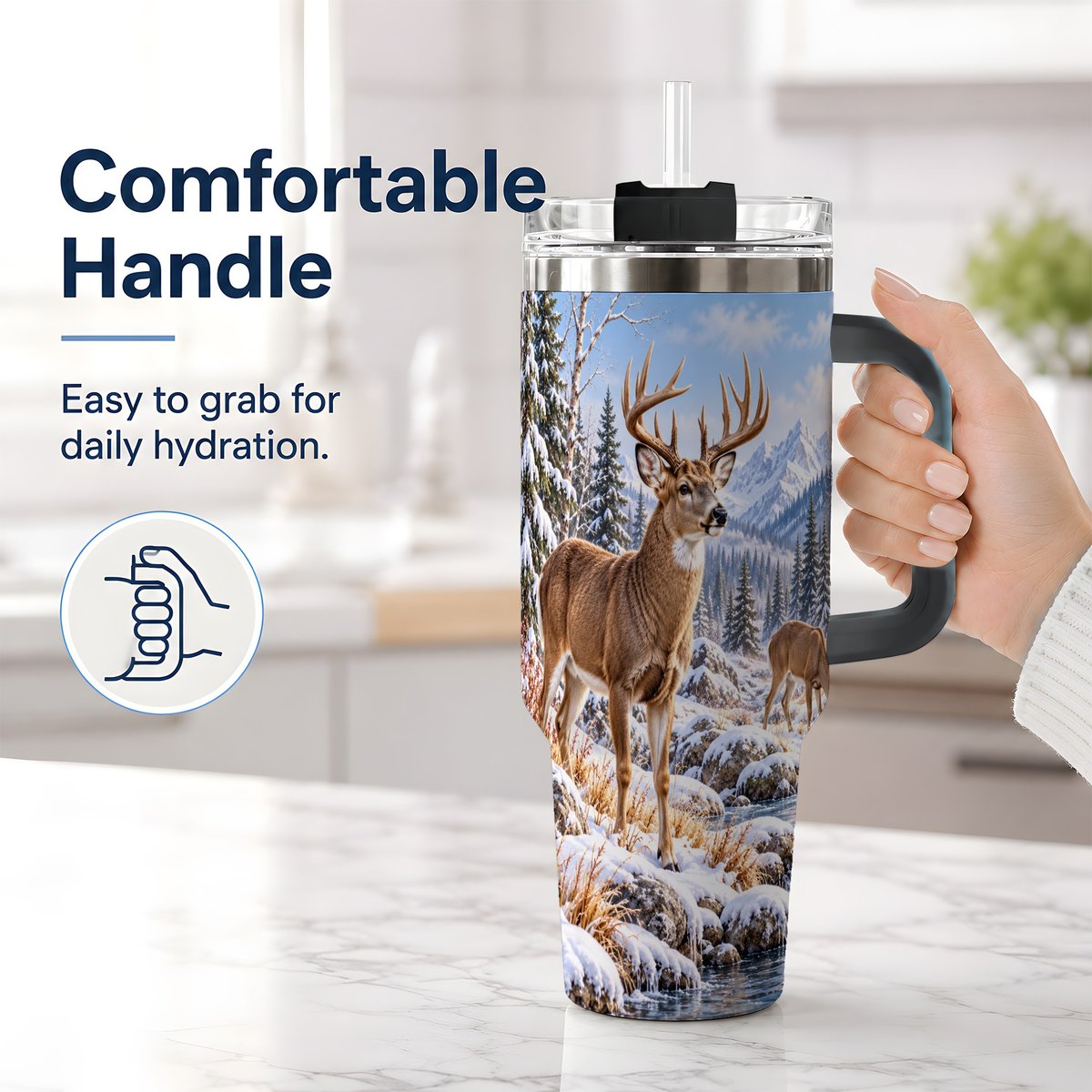 #pl[40oz|Black] Winter Deer Tumbler 40oz, Alpine Forest Wildlife Scene