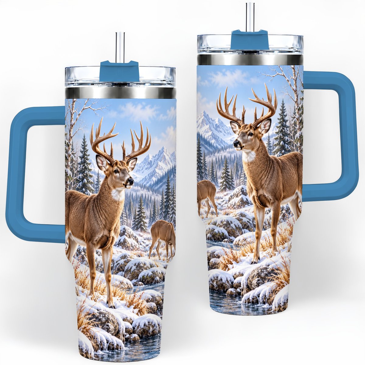 #pl[40oz|Blue] Winter Deer Tumbler 40oz, Alpine Forest Wildlife Scene