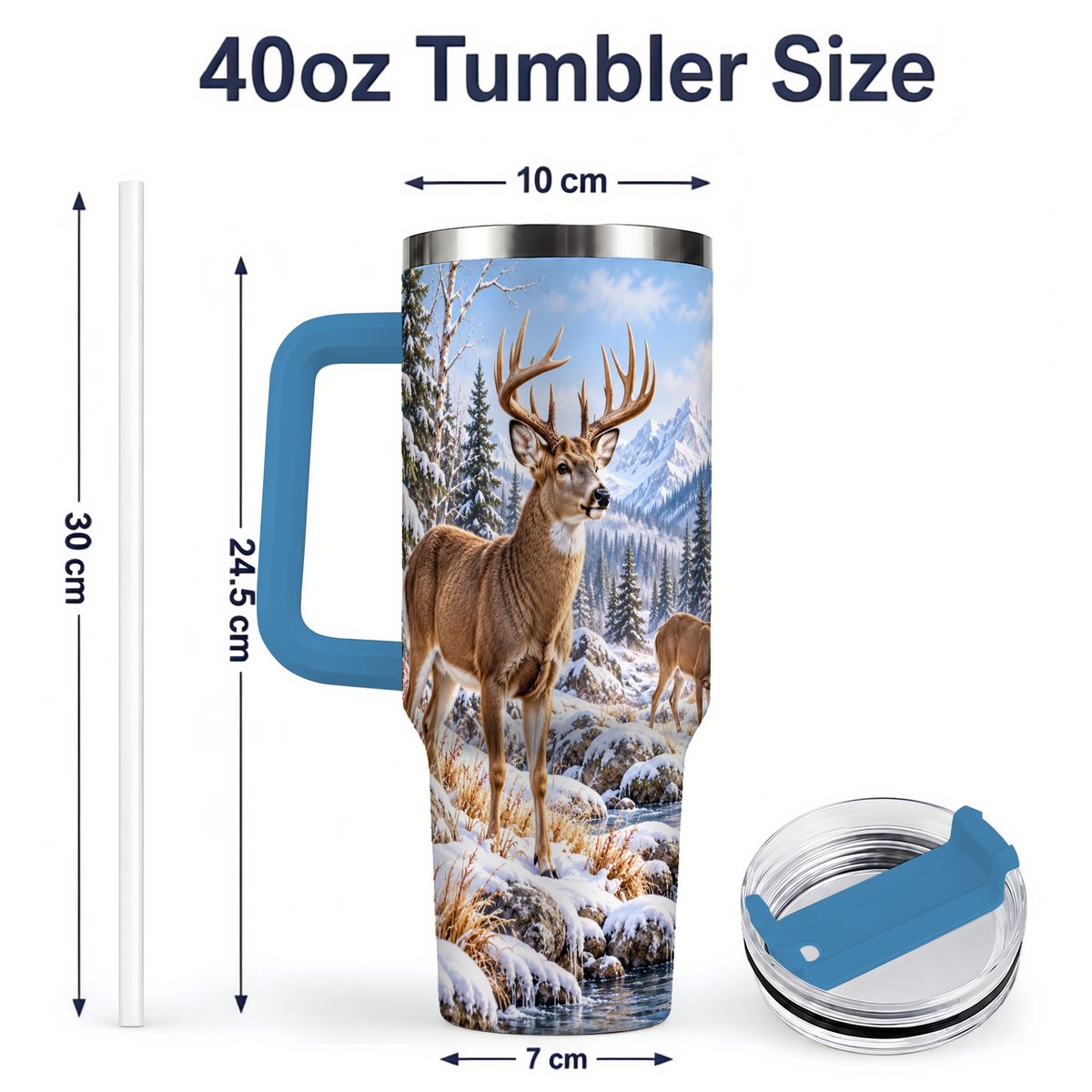 #pl[40oz|Blue] Winter Deer Tumbler 40oz, Alpine Forest Wildlife Scene