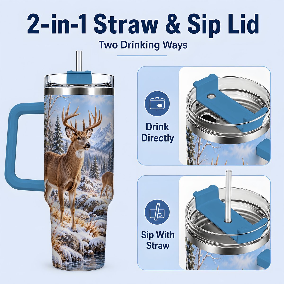 #pl[40oz|Blue] Winter Deer Tumbler 40oz, Alpine Forest Wildlife Scene