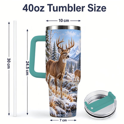 #pl[40oz|Green] Winter Deer Tumbler 40oz, Alpine Forest Wildlife Scene
