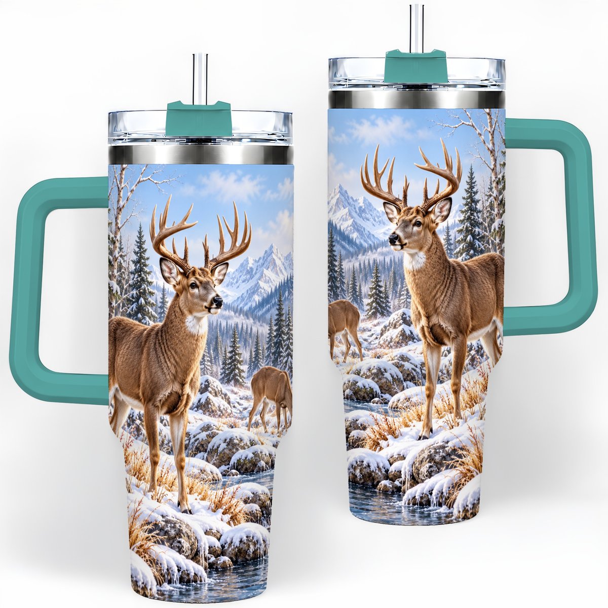 #pl[40oz|Green] Winter Deer Tumbler 40oz, Alpine Forest Wildlife Scene