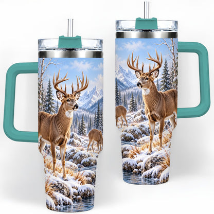 #pl[40oz|Green] Winter Deer Tumbler 40oz, Alpine Forest Wildlife Scene