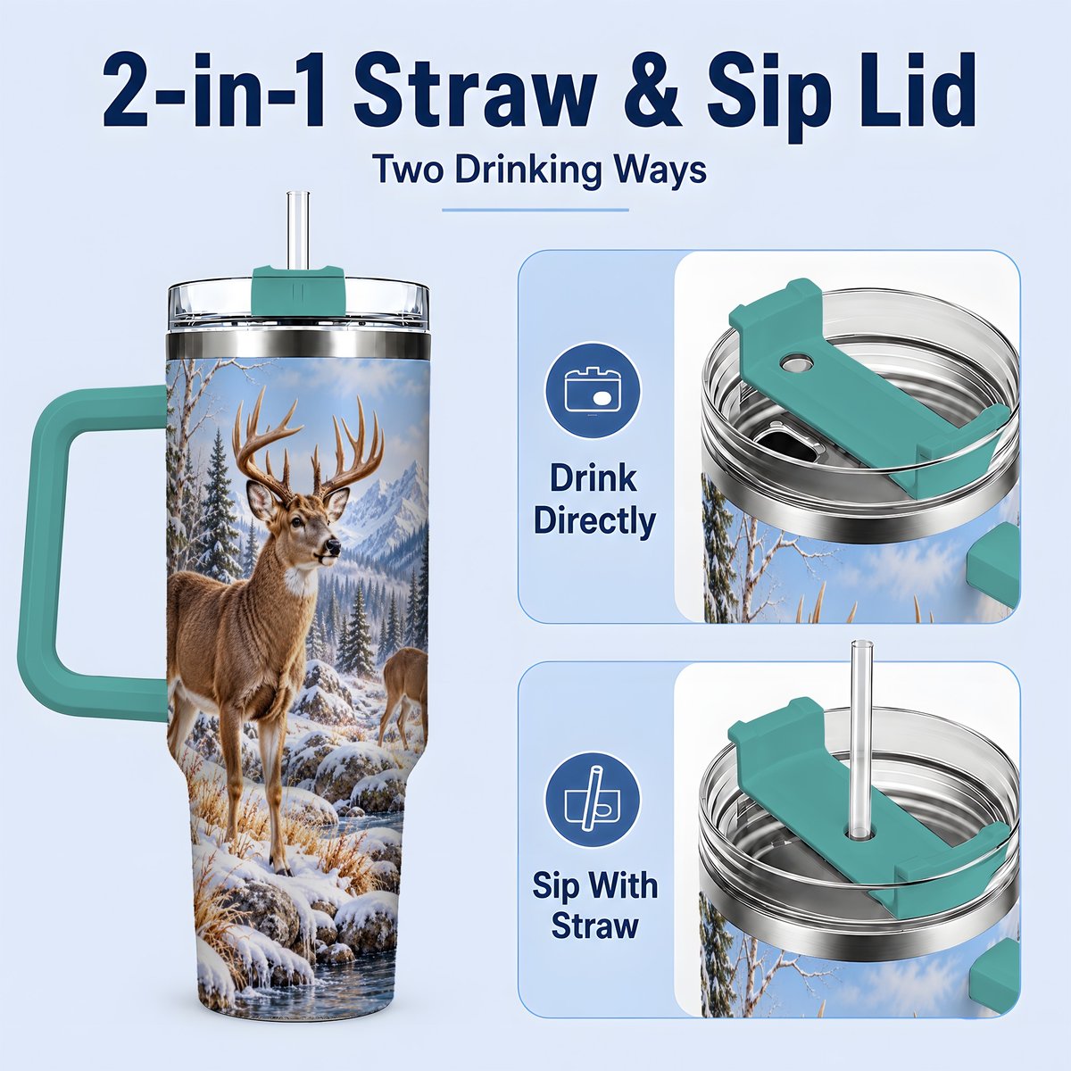#pl[40oz|Green] Winter Deer Tumbler 40oz, Alpine Forest Wildlife Scene