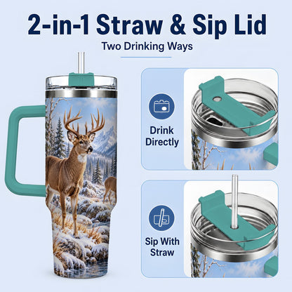 #pl[40oz|Green] Winter Deer Tumbler 40oz, Alpine Forest Wildlife Scene