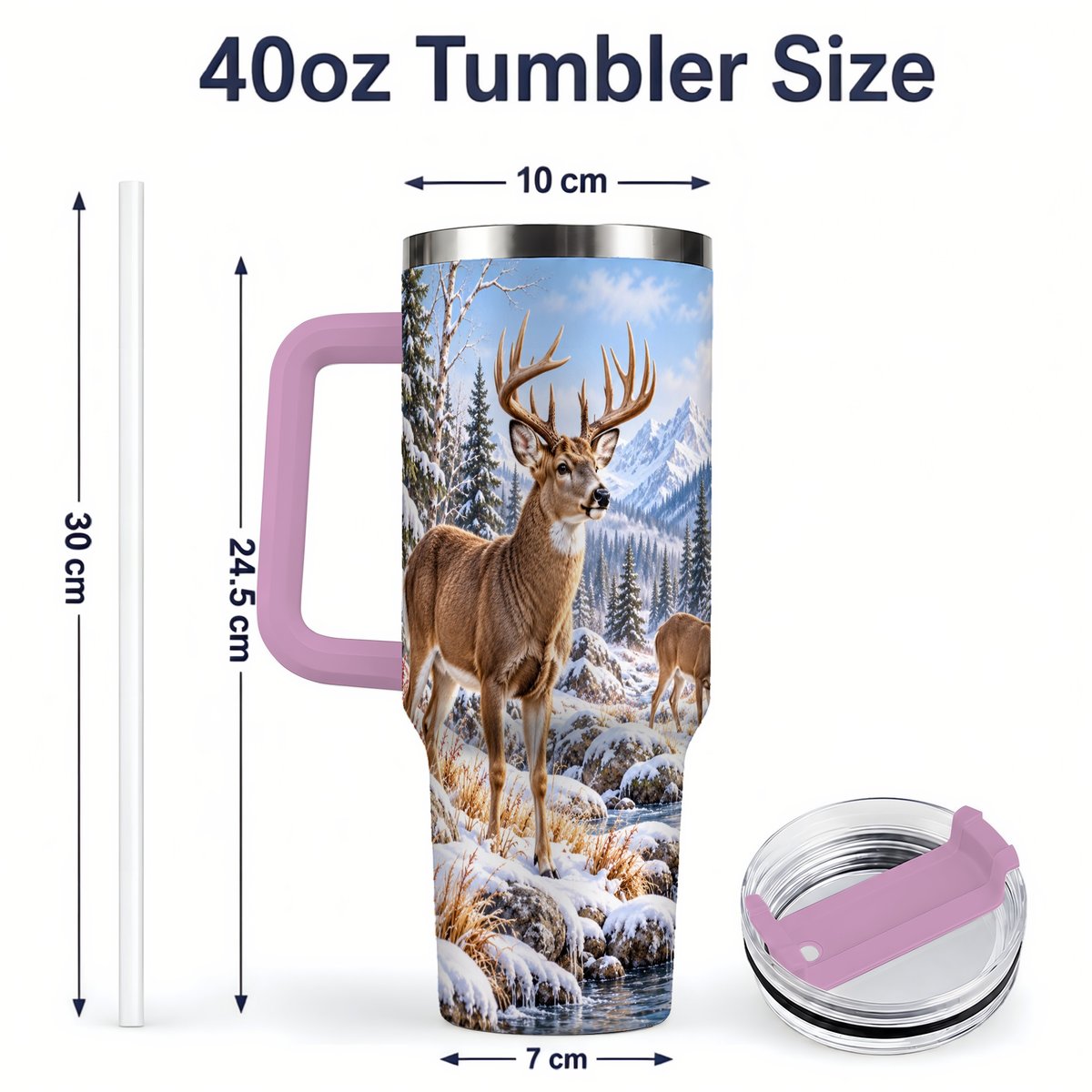 #pl[40oz|Pink] Winter Deer Tumbler 40oz, Alpine Forest Wildlife Scene