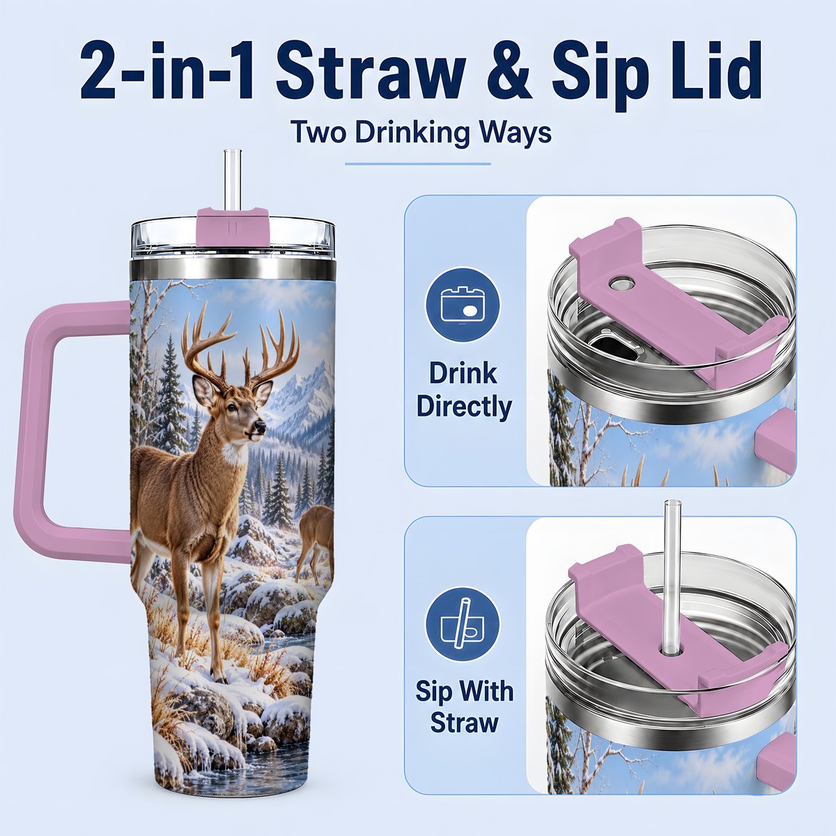 #pl[40oz|Pink] Winter Deer Tumbler 40oz, Alpine Forest Wildlife Scene
