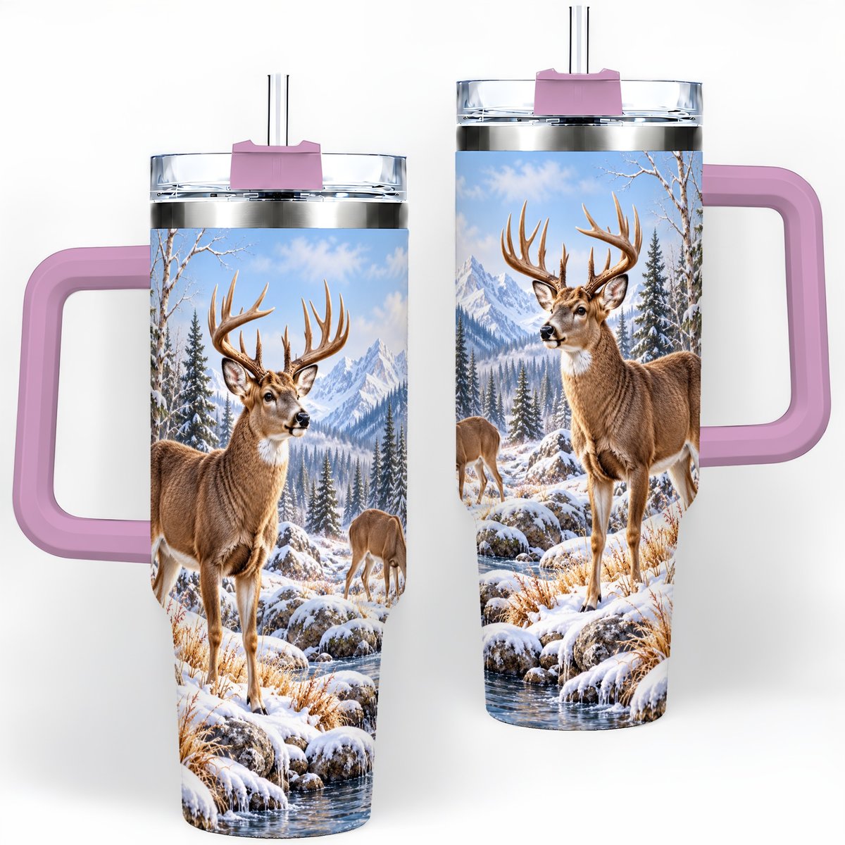 #pl[40oz|Pink] Winter Deer Tumbler 40oz, Alpine Forest Wildlife Scene