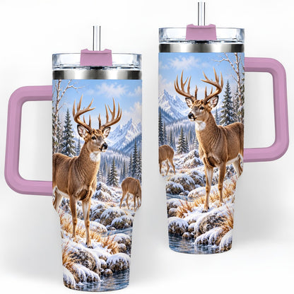 #pl[40oz|Pink] Winter Deer Tumbler 40oz, Alpine Forest Wildlife Scene
