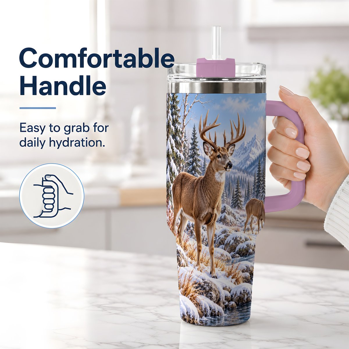 #pl[40oz|Pink] Winter Deer Tumbler 40oz, Alpine Forest Wildlife Scene