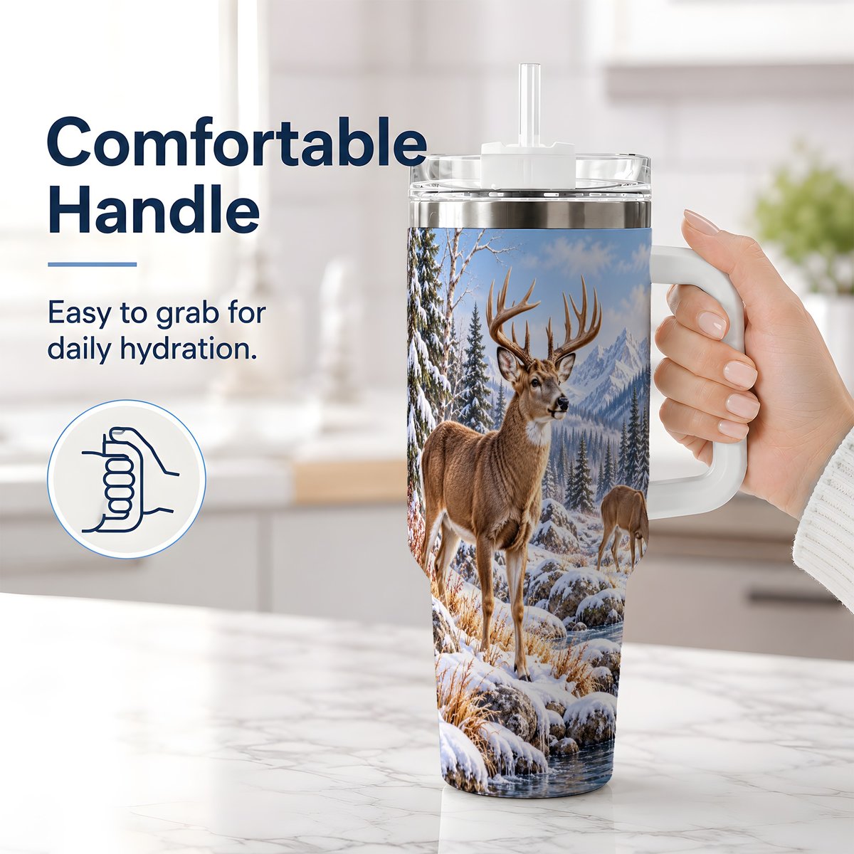 #pl[40oz|White] Winter Deer Tumbler 40oz, Alpine Forest Wildlife Scene