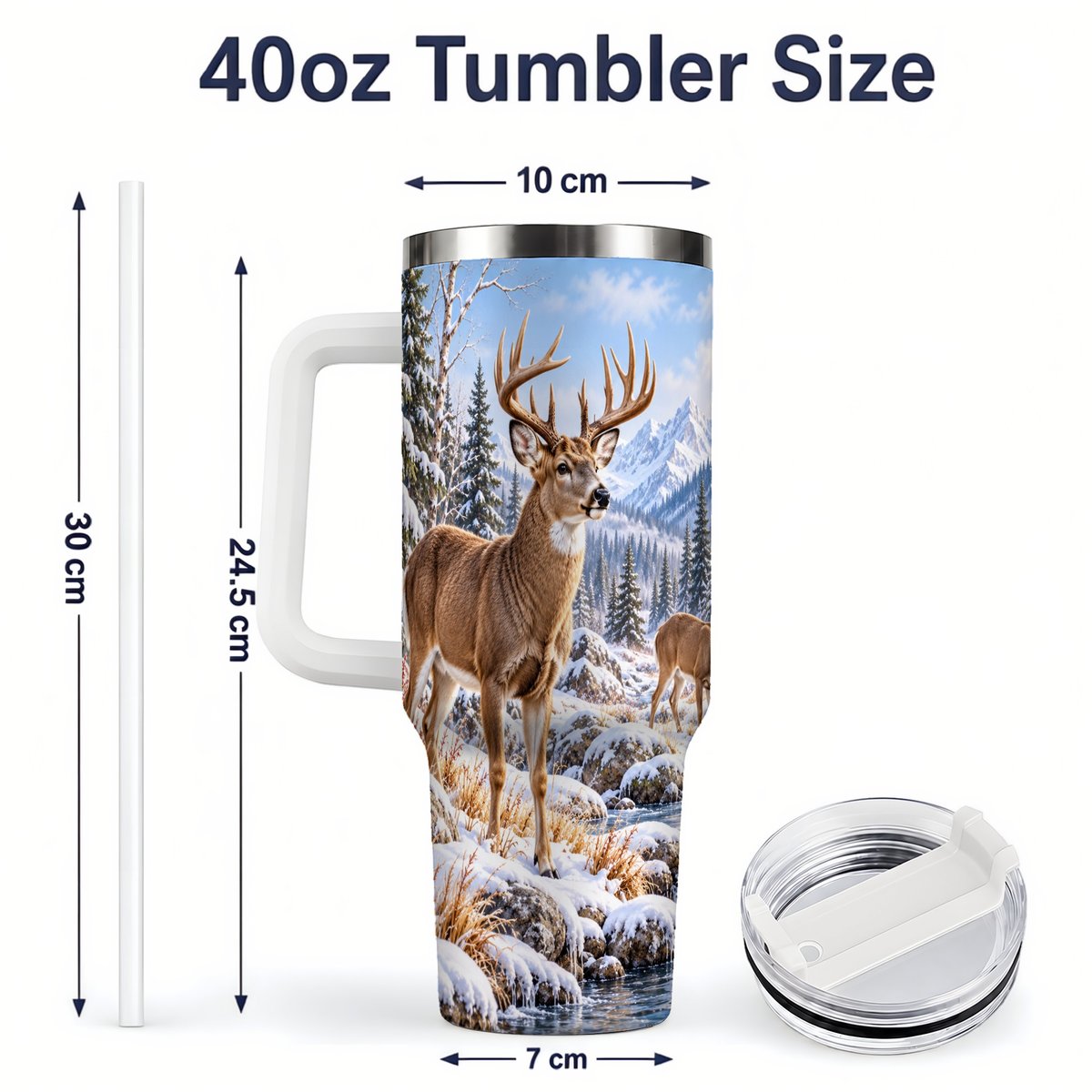 #pl[40oz|White] Winter Deer Tumbler 40oz, Alpine Forest Wildlife Scene