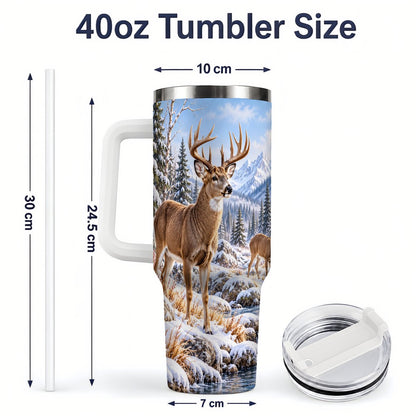 #pl[40oz|White] Winter Deer Tumbler 40oz, Alpine Forest Wildlife Scene