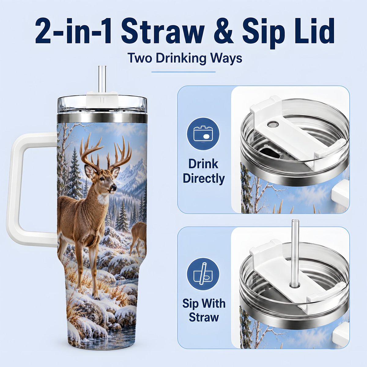 #pl[40oz|White] Winter Deer Tumbler 40oz, Alpine Forest Wildlife Scene