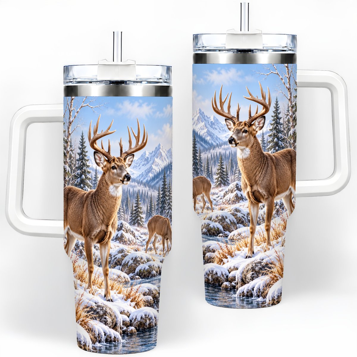 Winter Deer Tumbler 40oz, Alpine Forest Wildlife Scene