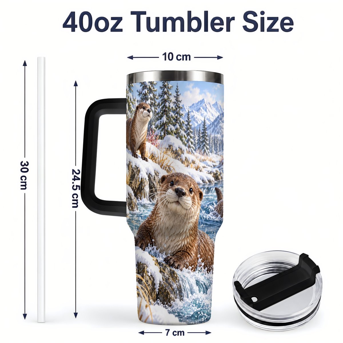 #pl[40oz|Black] Winter Otters Tumbler 40oz, Alpine River Wildlife Artwork