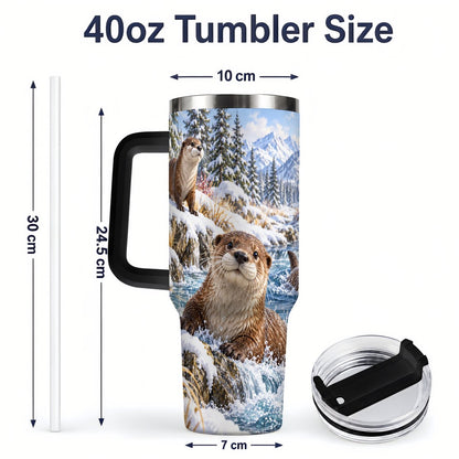 #pl[40oz|Black] Winter Otters Tumbler 40oz, Alpine River Wildlife Artwork